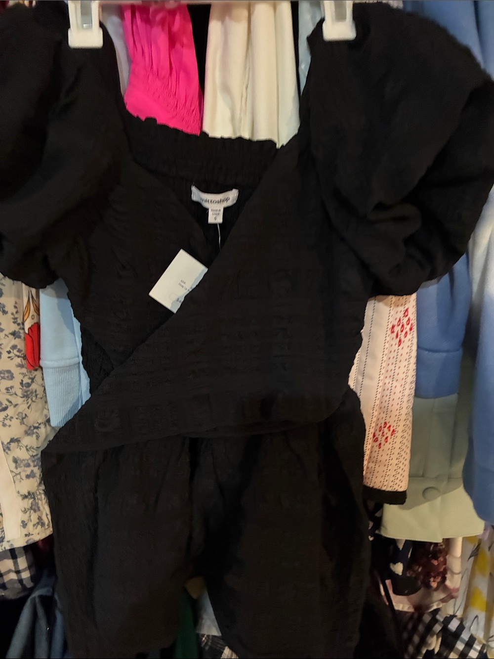 mittoshop Black Puff-Sleeve Wrap Romper Dress for Kids
